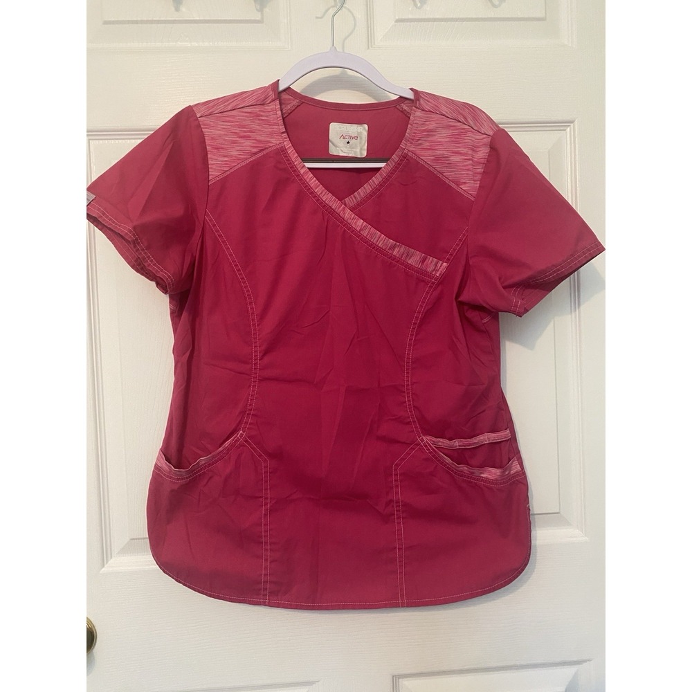 Scrubstar Women's Hot Pink Light Pink Stretch Mock Wrap Medium Scrub Top